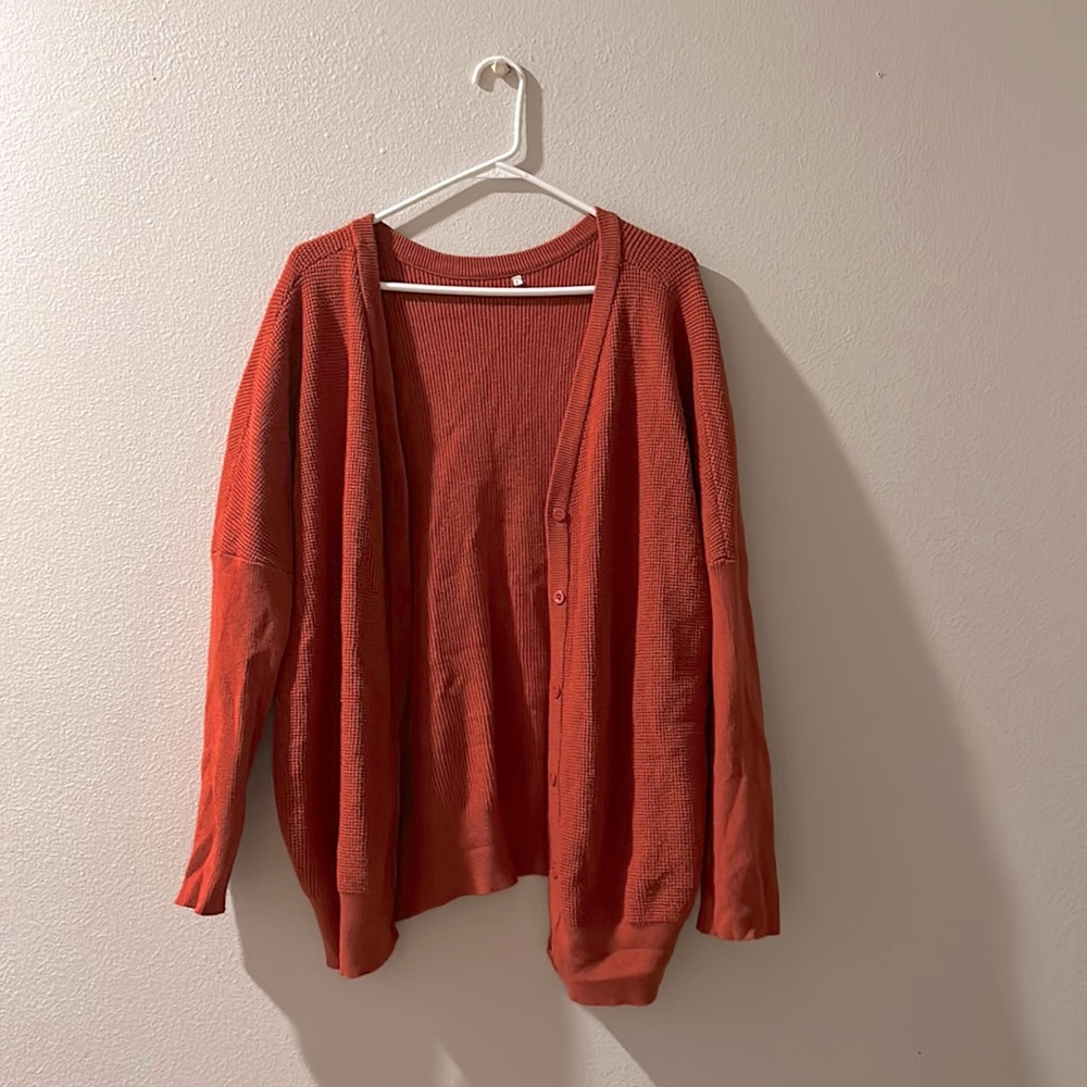 Comfortable orange fine waffle knit cardigan